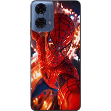 Kompatibelt Mobilskal till Motorola Motorola Moto G24 Spider Man i intensiv action med gnistrande ljus och dynamiskt perspektiv i filmisk superhjälte