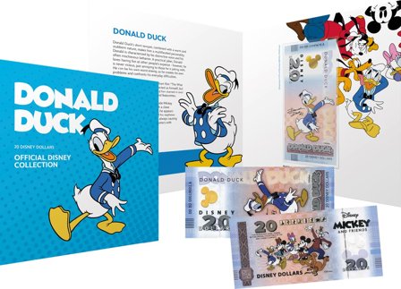 Disney - Anders And - Certificeret 20 Disney Dollar souvenir pengeseddel i folder