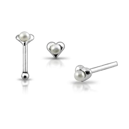 1 st. Hjärtfomad näspiercing i silver med Pärla (k) 11 vit pärna