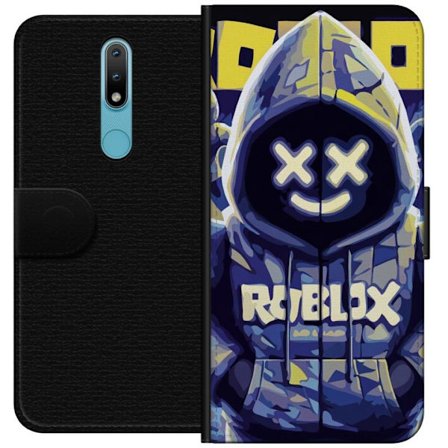 Yhteensopiva Lompakkokotelo Nokia Nokia 2.4 Sinikeltainen Roblox-hupparihahmo, jossa on minimalistinen neon-tyyli ja verkkokasvot, nykyaikainen peli-a