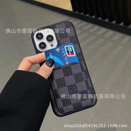 Fodral för iPhone 14 Svart Rutnät Kortplats Läder Korthållare High end Modevarumärke Gammal Blomma Intern