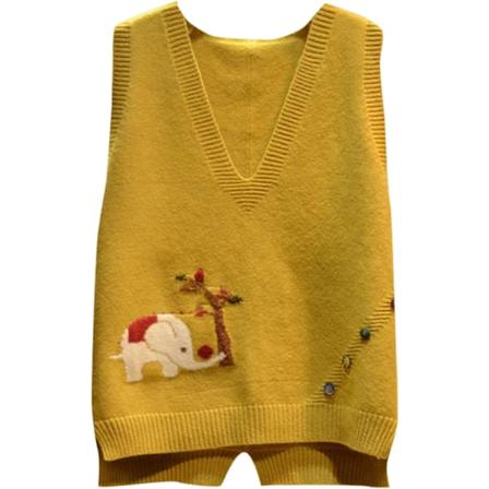 Kvinnor Stickade Ärmlösa Tröjor Blommönster Tröja Västar V-hals Gilet Väst Topp Dark Yellow One Size