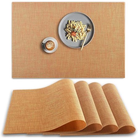 PVC Dækkeserviet, 4 stk. skridsikre varmebestandige dækkeservietter, vaskbare vinyl dækkeservietter, sæt med 4 mørk gyldne