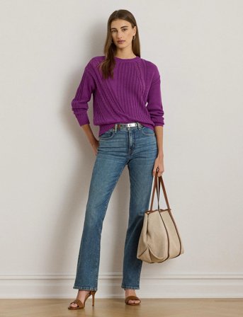 Lauren Ralph Lauren Pointelle-Knit Cotton Crewneck Sweater - Purple - XL