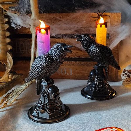 Halloween LED-ljus 2-pack Retro Gotisk Kråka Design Halloween Prydnader Skalle Snidad Bas Spindeltryck Flamlösa Ljus Heminredning (Svart)