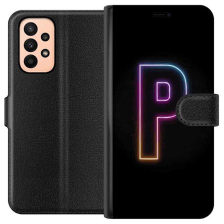 Kompatibel Tegnebogsetui til Samsung Samsung Galaxy A23 Minimalistisk neonbogstav P i farvegradient og lyseffekt mod sort baggrund i digital neonstil