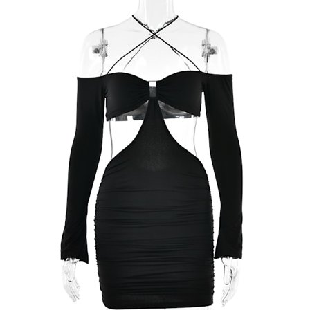 Up Backless Ruched Criss Cross Cutout Short Dresses(Black L)