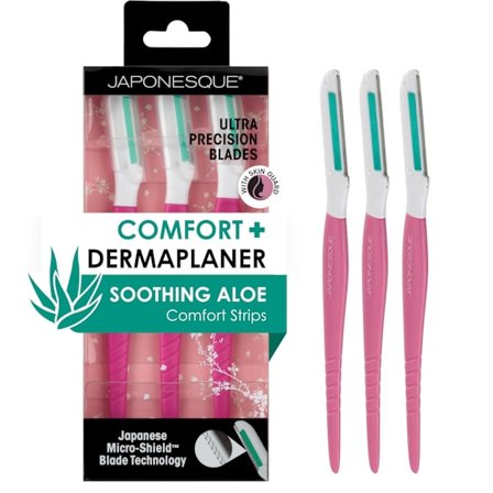 Dermaplaner med beroligende Aloe Comfort Strip - Hudverktøy med ultra presisjonsblad for fjerning av ansiktshår og eksfoliering, 3 stk.