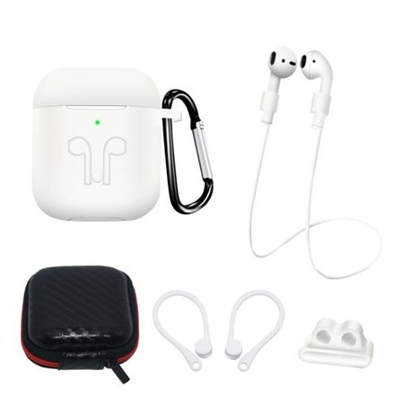 Silikonfodral Set för AirPods 1/2 + fodral, öronkrok, halsrem, klockarmbandshållare - Vit