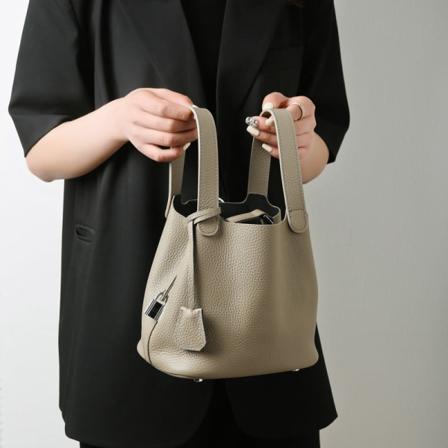 Dam Handväska Bärbar Grönsakskorg Äkta Läder Mjuk Kohud Lychee Mönster Bucket Bag Elephant Gray
