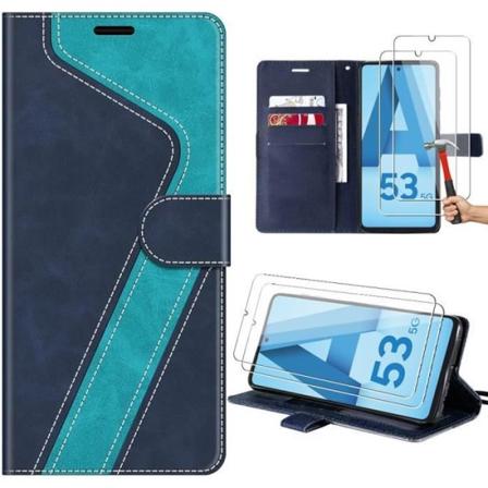 Fodral + 2 härdade glasögon för Samsung Galaxy A53 5G, PU-läderfolieskydd med inbyggt stativ, trendig "V"-design, blå