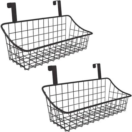 Korg med krok gallerförvaringskorg, häng bakom en dörr eller på en räcke, över skåpdörren, liten, svart, 2-pack