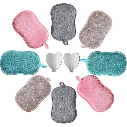 8 st Mikrofiber Skrapande Tvättsvampar + 2 st Klisterkrokar Antibakteriella Luktfria Miljövänliga Pads Perfekt för Icke-klibbiga Kastruller, Pannor 