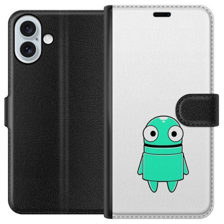 Yhteensopiva Lompakkokotelo Apple Apple iPhone 16 Plus Turkoosi piirroshahmo isoilla silmillä ja iloisella persoonallisuudella yksinkertaisessa kuvit