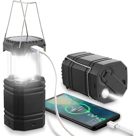 Solcelledrevet LED-campinglampe, Vandtæt LED-campinglanterne, Nødlampe med håndsving, Indbygget 3000mAh batteri til vandreture