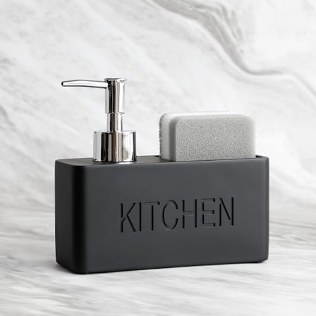 Køkken sæbedispenser, multifunktionel rengøringsmiddel dispenserflaske, tryk-type dispenserflaske, rengøringskugle og svampeopbevaringsboks.