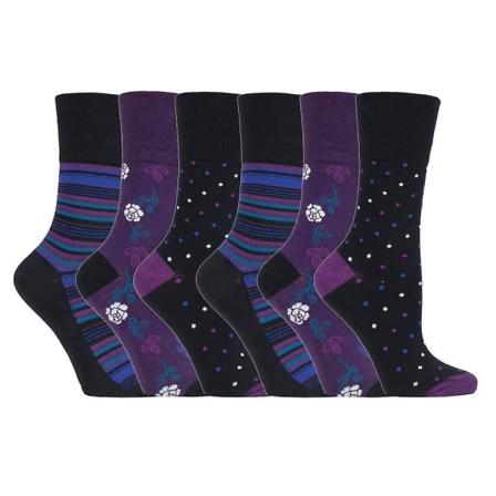 6 paria naisten hellävaraisia, joustamattomia sukkia, koot 4-8 Iso-Britannia Multi black / purple