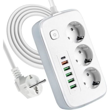 Grenuttag med 3 uttag, 5 USB-portar & USB-C, 2 meter förlängningskabel [JSR]