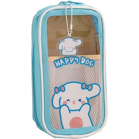 Blå Happy Puppy Kawaii Stor Kapacitet Blyantsæske, Klar Taske