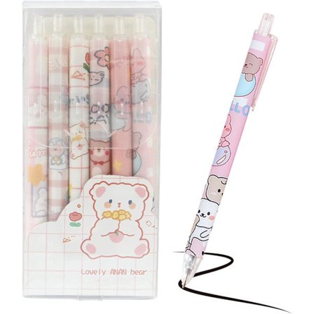 6-pakning med uttrekkbare gelpenner, søte Kawaii kulepenner 0,5 mm svart