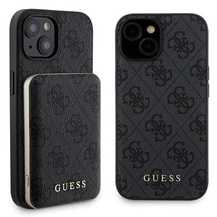 Guess 4G Metal Logo etui sæt til iPhone 15 + 5000mAh MagSafe powerbank - sort