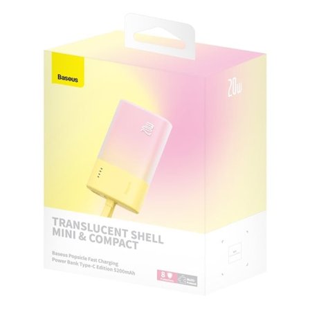 Baseus Popsicle 5200mAh 20W Powerbank med lynkabel + hvit USB-C 60W/20V/3A kabel - gul-rosa