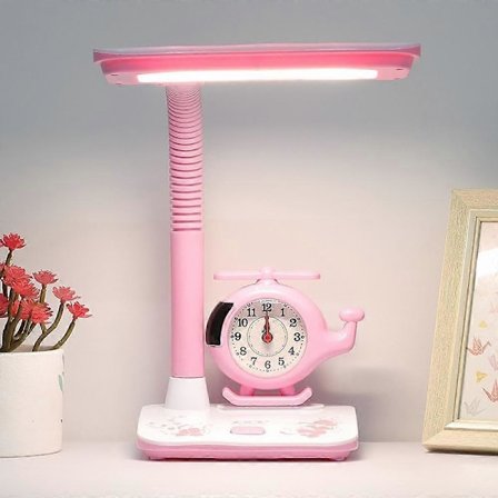 Skrivebordslampe for barn, dimbar skrivebordslampe for jenter med eksklusivt tegneserieutseende, dimbar kontorlampe med klokke, LED bærbar leselampe 