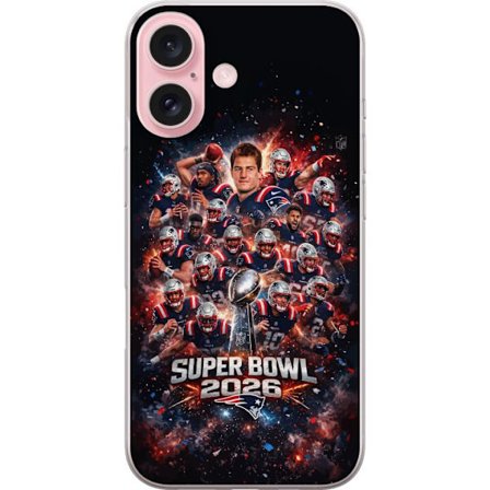 Yhteensopiva Puhelinkuori Apple iPhone 16 Super Bowl 2026 juliste, jossa New England Patriots ja NFL-mestaruuspalkinto räjähtävän urheilullisessa suun