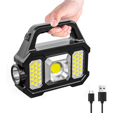 Soldrevet håndholdt lommelygte, 1000 lumen, sol- eller USB-genopladelig, vandtæt og bærbar.