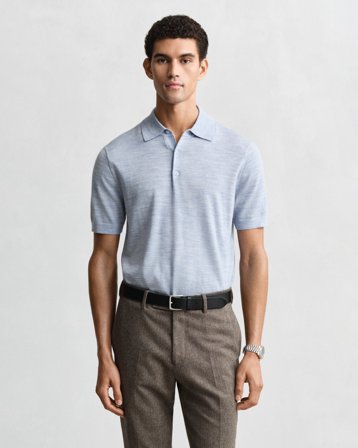 GANT Herren Kurzärmeliger Polopullover aus extrafeiner Merinowolle (L) Hellblau