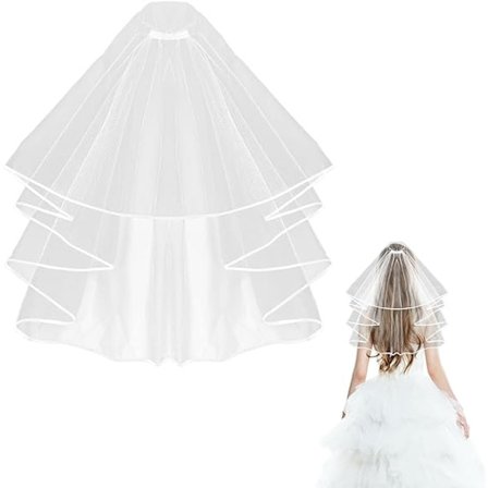 Dobbeltlags satin-kantet brudeslør (hvid under 60 cm), brudens