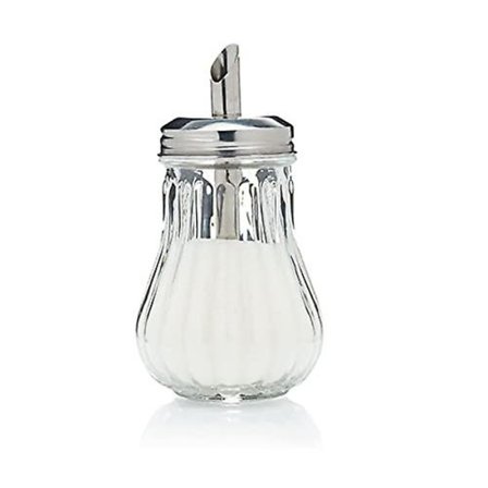Lasinen sokeriannostelija, retrotyylinen sokeripurkki, karahvi, kahvila, bistro, ravintola, sokerisirotin, lasinen annostelija