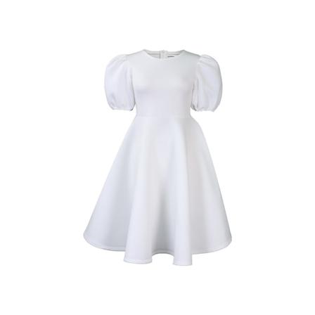 Kvinner Damer Sommer Puffy Kjole Ensfarget Firkant Hals Boble Erme En-Delers Kort Kjole(Hvit S)