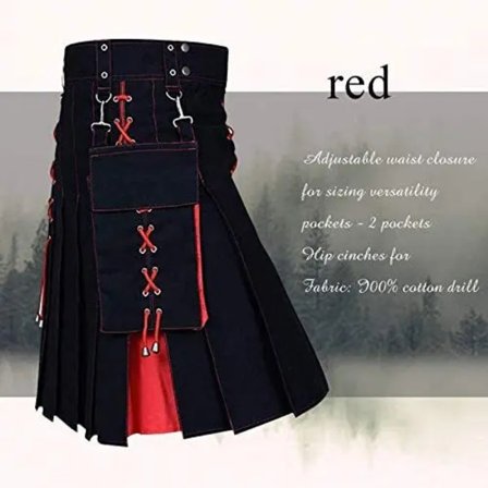 Herr Kilt Utility Skotsk Traditionel Highland Solid Plisserede Spændebånd Kostume Kilts med Lastlommer Rød Red-FD9-