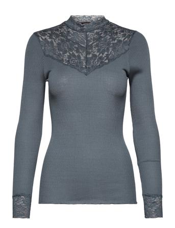 Silk T-Shirt W/ Lace Langærmet T-shirt Blå Rosemunde