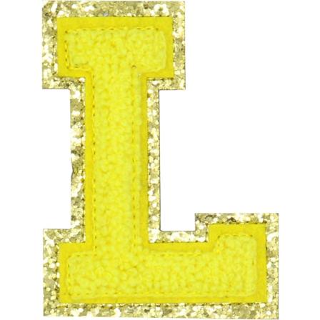 Engelska bokstaven L strykjärnsapplikationer lagningslappar alfabet sömnadsapplikationer klädmärken, med gul glitterkant, självhäftande baksida (gul L