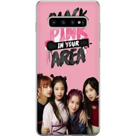 Kompatibelt Mobildeksel til Samsung Galaxy S10+ BLACKPINK In Your Area med gruppefoto av Lisa, Jennie, Jisoo og Rosé foran en rosa bakgrunn og sterkt