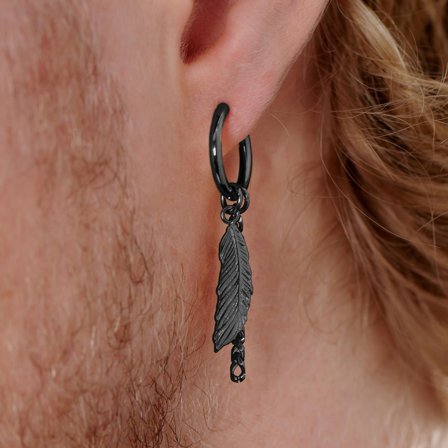 Pendiente de aro de acero negro con colgantes de pluma y cadena para hombres - Pendientes de aro con colgante