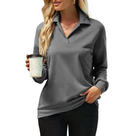Dam Långärmad Lapel Collar V-hals T-shirt Enfärgade Toppar