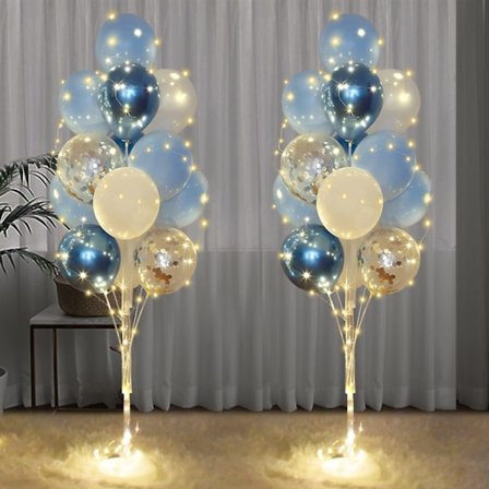 Sæt med 2 lyseblå ballonholdere med gulv og lyskæde til bordpynt, dekoration til bryllup, babyshower, fødselsdagsfest og polterabend