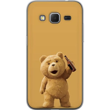 Kompatibelt Mobilskal till Samsung Samsung Galaxy Core Prime Söt teddybjörn med ölflaska i handen på gul bakgrund, humoristisk illustration för p