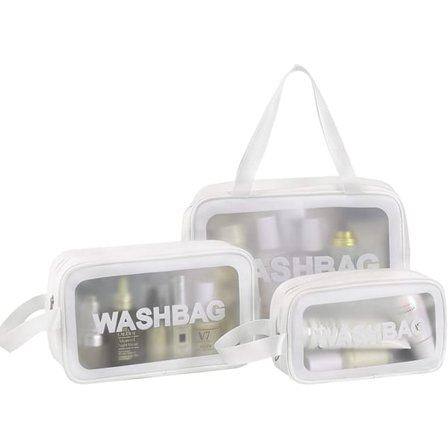 (Hvit) Transparent 3-delt kosmetikkveske, vanntett toalettveske for svømmebasseng, bad, reise, fly, multi-størrelse sminkeveske