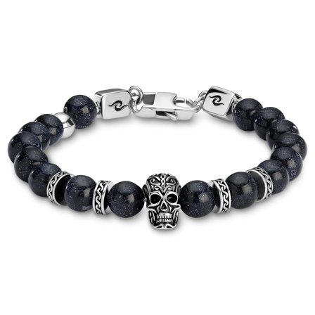 Rico | Blue Sandstone & Silver-Tone Stainless Steel Skull Bracelet for Men - Steel bracelets