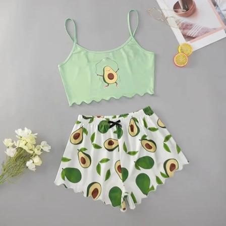 Ny Stil Sommar Kvinnor Pyjamas Set Avocado Skriv Ut Camisole Med Kortar Casual Sexy Härlig Nattkläder Sömn Underkläder green S