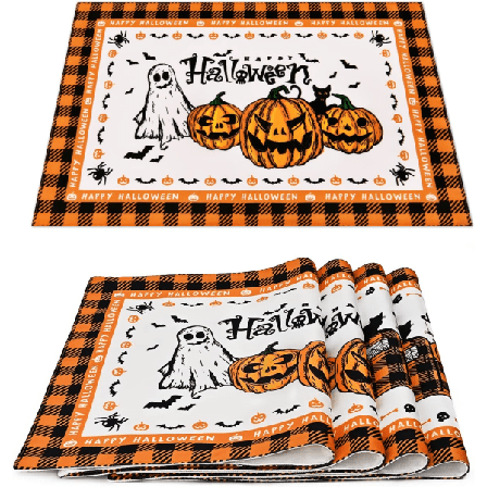 4 kpl Halloween-paikka-alustaa, pestävät Buffalo Plaid -kurpitsapöytäliinat, 4 kpl setti, vedenpitävät lämmönkestävät kuorma-auton pöytäliinat