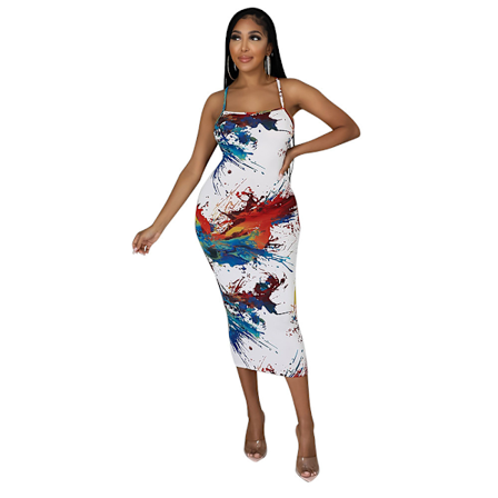 Kvinners sommer spaghetti stropp sexy ermeløs ryggløs bodycon festklubb cocktailkjole (hvit L)