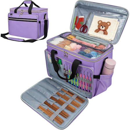 Stor hekleveske, strikkeveske, garnoppbevaringsveske, garnveske med gjennomsiktig toppdeksel, 6 garnhull (kun veske)