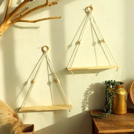 2x Vägghylla Trähylla Vägg Boho Dekoration Hängande Hylla Makramé Väggdekoration Balkong Badrum Vardagsrum Handvävd Flytande Hylla