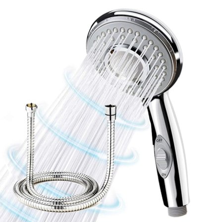 Brusehoved + 2M Fleksibel Bruseslange, Brusehoved med Slange, 5 Vandsparetilstande og Afbryderknap, Højtryks Håndbruser i Rustfrit Stål