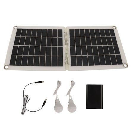 60 W aurinkovoimalla toimiva kannettava retkeilyvalaisin, jossa 2 USB-liitäntää ja erittäin kirkkaat lamput ulkokäyttöön